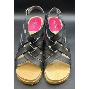 Swedish Hasbeens Clog Sandals Strappy Heels size 38 / 8 US Black Wooden Sexy